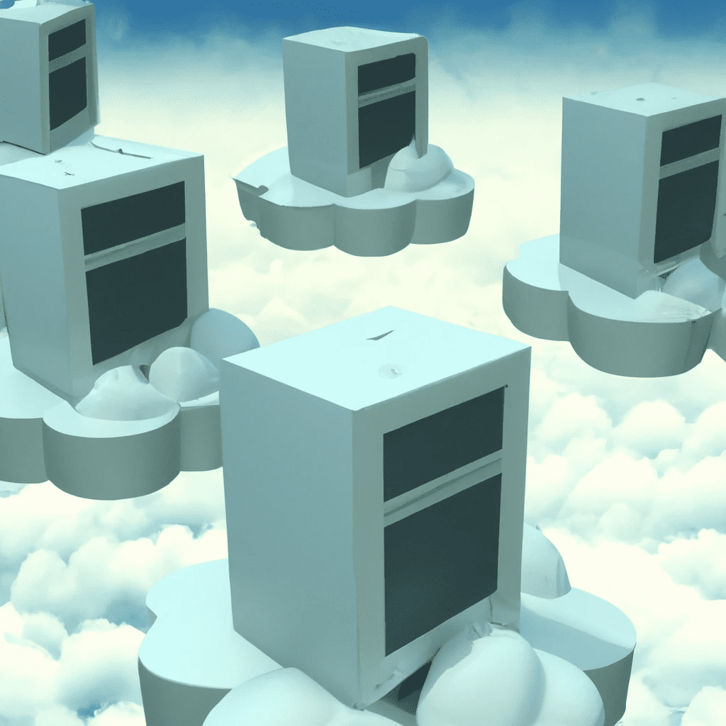 a 3d render of computers floating in clouds