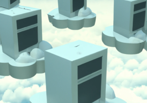 a 3d render of computers floating in clouds